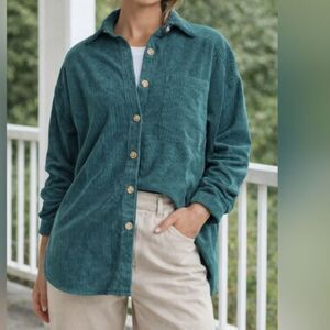 Oversized Teal Green Corduroy Shacket Button Down Long Sleeve Top Size M